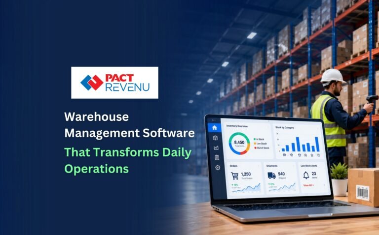 PACT REVENU warehouse management software promotional banner showing digital inventory tracking, warehouse automation, smart logistics management, and real-time stock monitoring solutions for businesses in India, UAE, and Saudi Arabia. The image highlights operational efficiency, faster order fulfillment, reduced inventory errors, and scalable ERP integration for modern warehouse operations.
